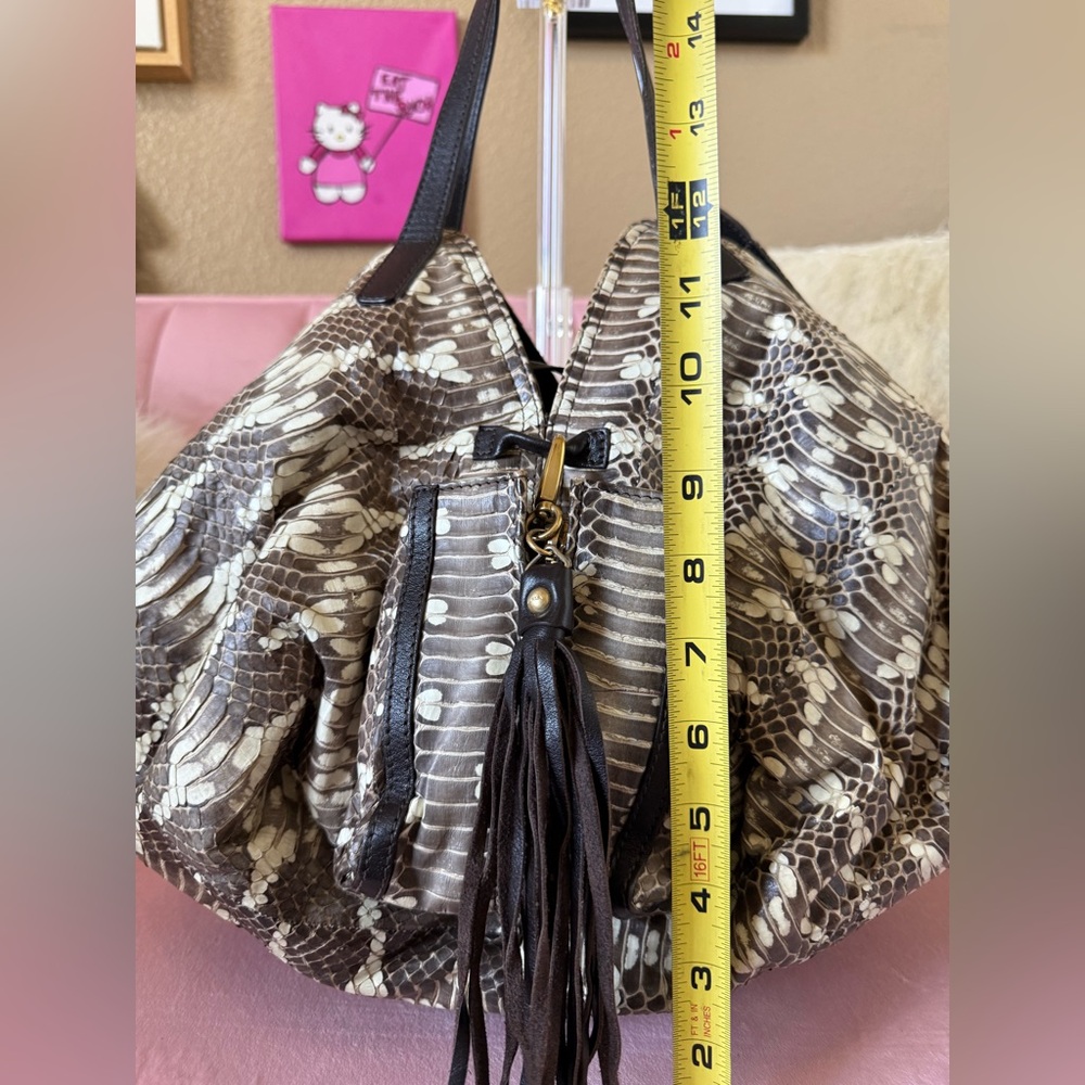 💯 Auth FURLA Snakeskin Leather Hobo Shoulder Bag w Brown Leather & Large Tassle - Picture 8 of 16